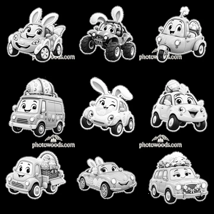 Easter themed cartoon cars in a 3x3 grid layout - AI-generated stock image