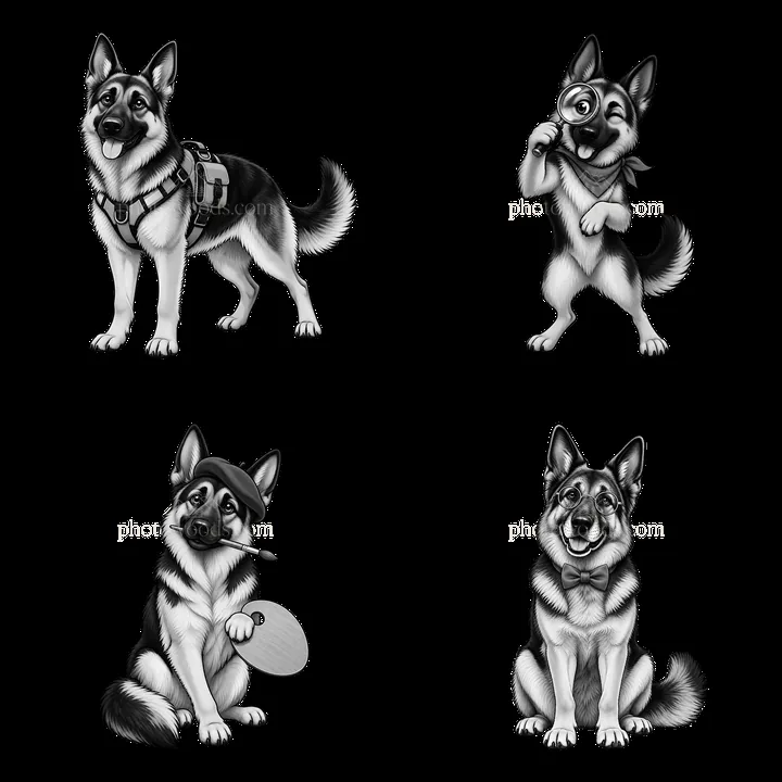 Four cartoon illustrations of German Shepherd dogs in various poses - AI-generated stock image