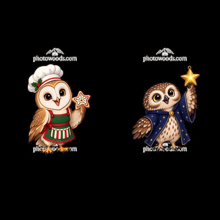 Christmas owls holding stars and cookies in festive costumes - AI-generated stock image