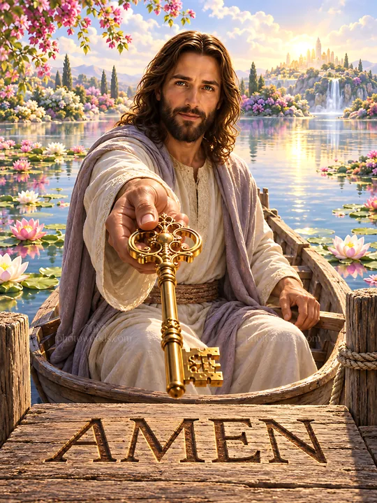 Lilies on the lake with a figure offering a golden key - AI-generated stock image