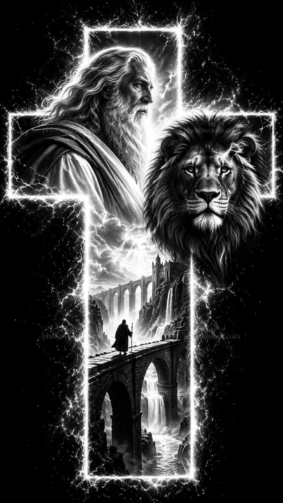 Jesus Christ depicted with a lion and a bridge - AI-generated stock image