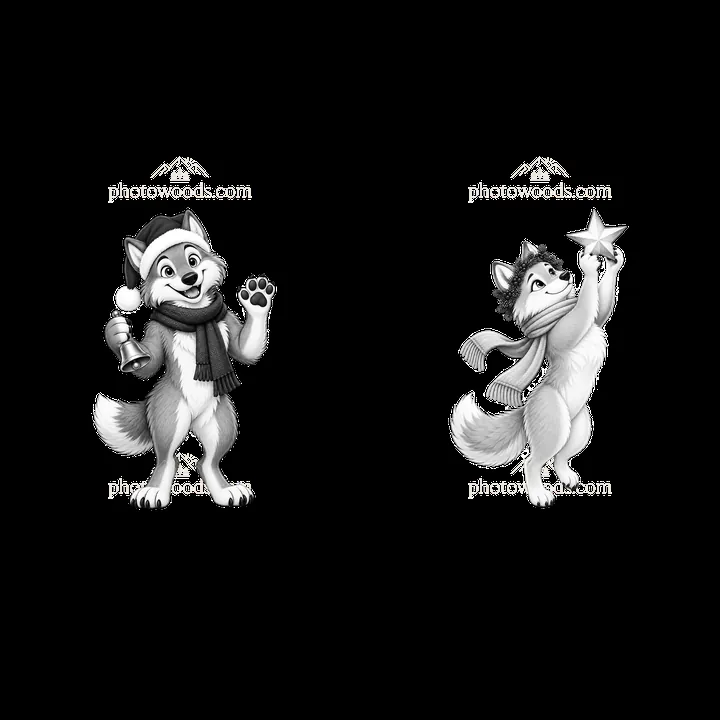 Christmas wolf characters celebrating with decorations - AI-generated stock image