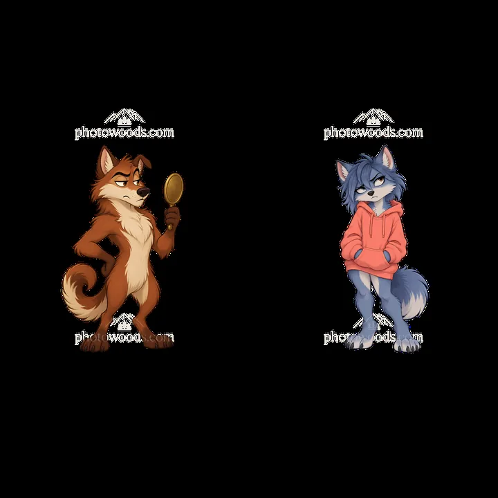 Grumpy wolf characters holding a mirror and pondering in a pair - AI-generated stock image