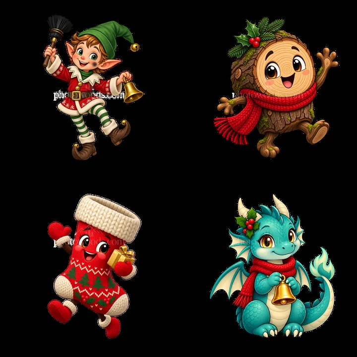 Christmas characters around the fireplace in a joyful scene - AI-generated stock image