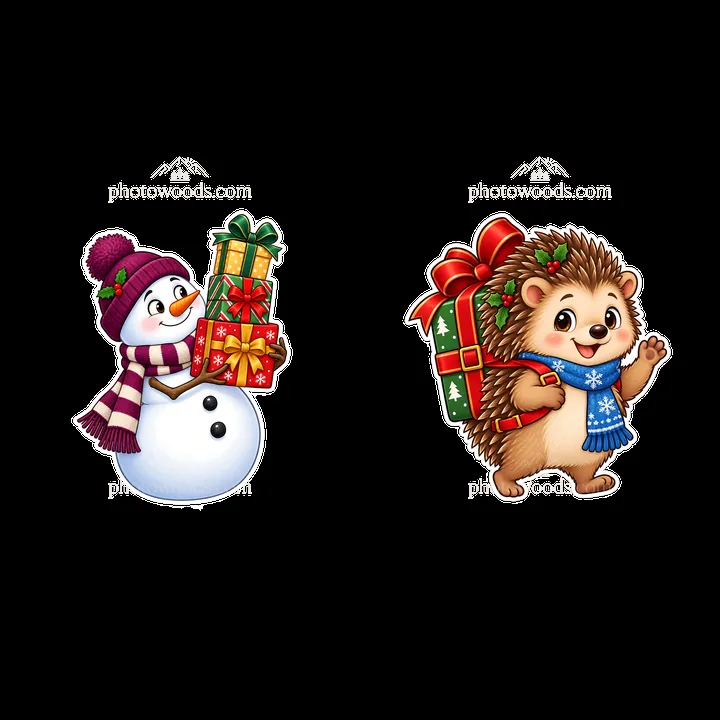 Snowman and hedgehog carrying Christmas presents together - AI-generated stock image