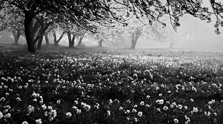 Foggy orchard meadow with trees and flowers - AI-generated stock image