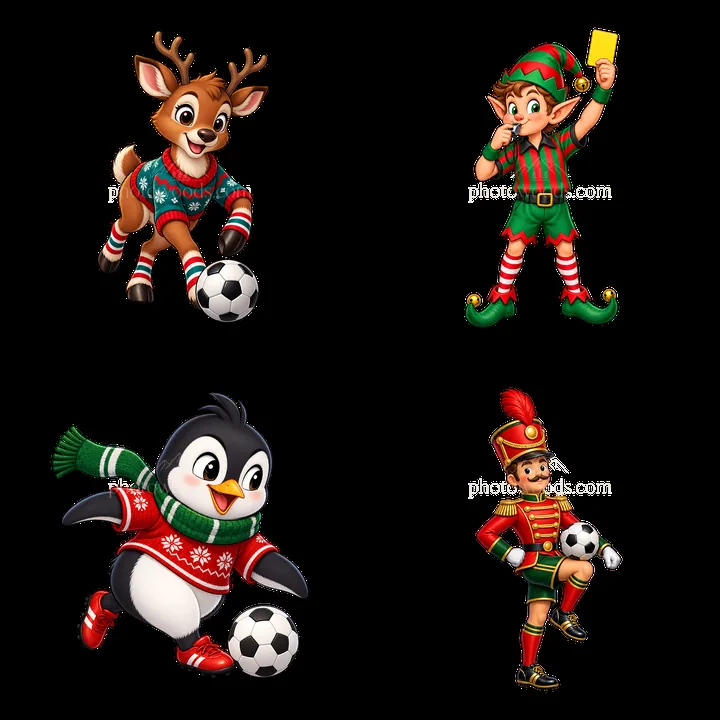 Christmas soccer characters playing with a ball in a 2x2 layout - AI-generated stock image