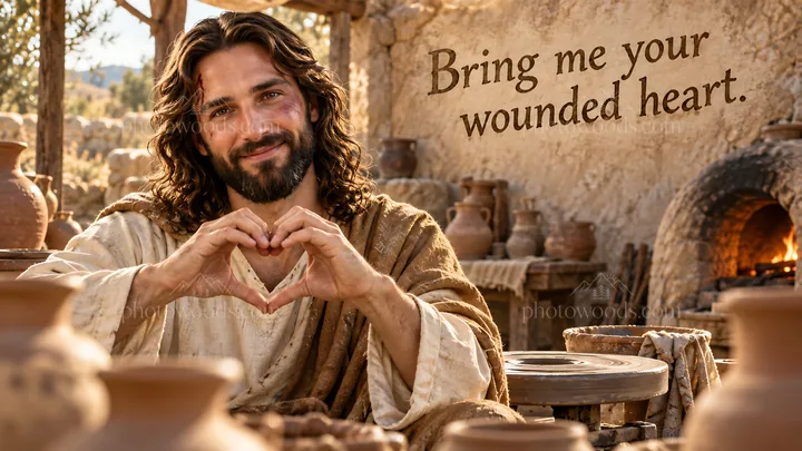 Jesus Christ inviting the wounded heart in a peaceful setting - AI-generated stock image