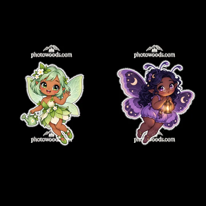 Charming kawaii fairies with watering can and lantern - AI-generated stock image