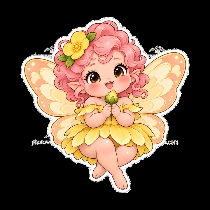 Kawaii fairy character with pink hair and flower dress - AI-generated stock image