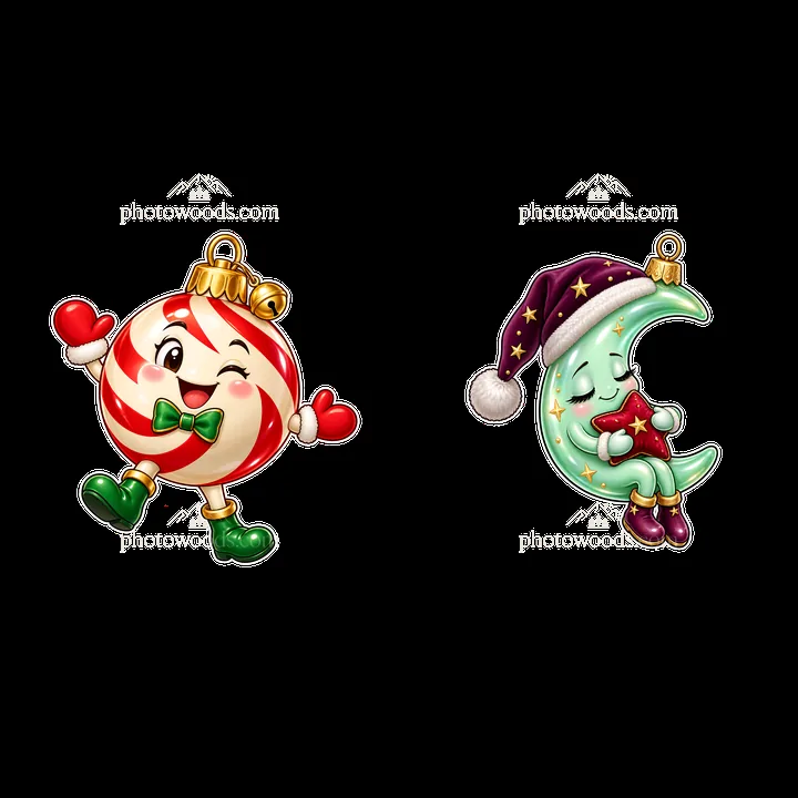 Candy ornament and moon ornament cartoon stickers for Christmas - AI-generated stock image