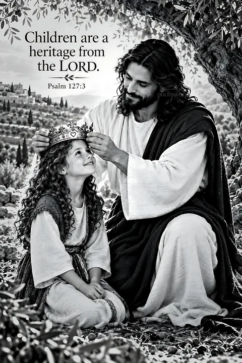 Children receive blessings in an olive grove - AI-generated stock image