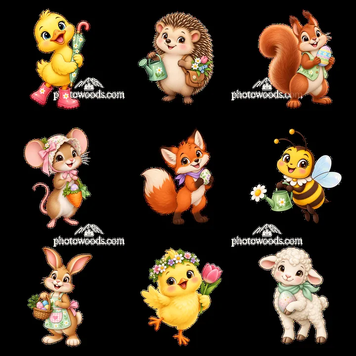 Colorful cartoon animals celebrating Easter in a meadow setting - AI-generated stock image