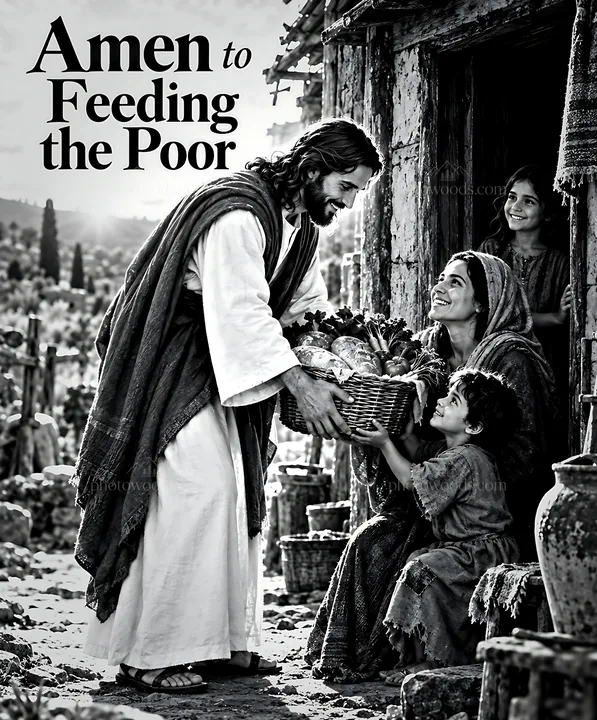 Bread at the door with people receiving food - AI-generated stock image