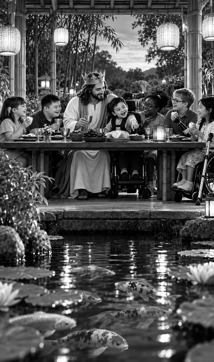 Jesus Christ sharing a meal with children and friends - AI-generated stock image