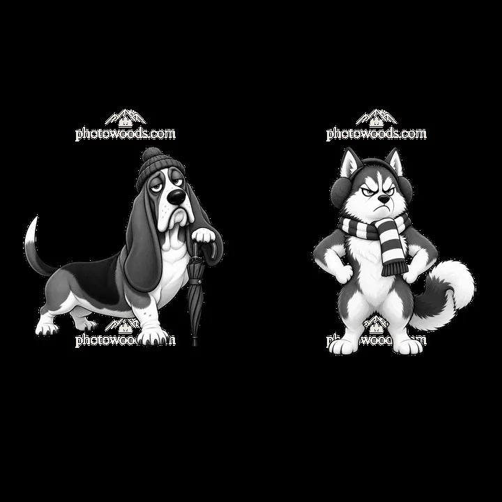 Grumpy dog characters with accessories in black and white design - AI-generated stock image