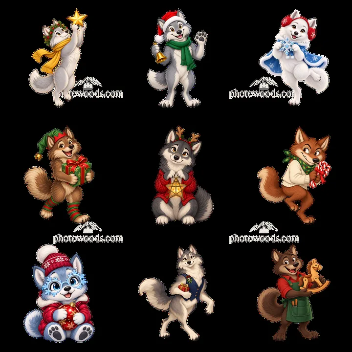 Christmas wolves celebrating in a 3x3 cartoon sticker layout - AI-generated stock image