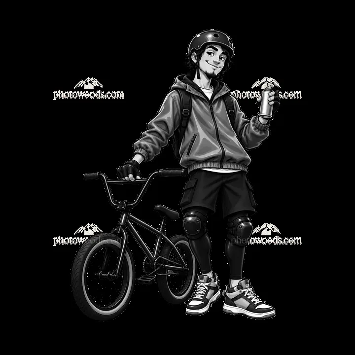 Cool graffiti sprayer with bike and spray paint can in urban setting - AI-generated stock image