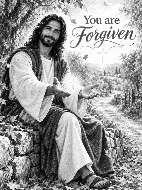 Jesus Christ offering forgiveness in a peaceful landscape - AI-generated stock image