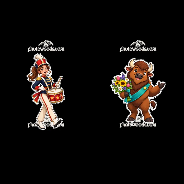Drummer girl and bison with flowers character stickers - AI-generated stock image