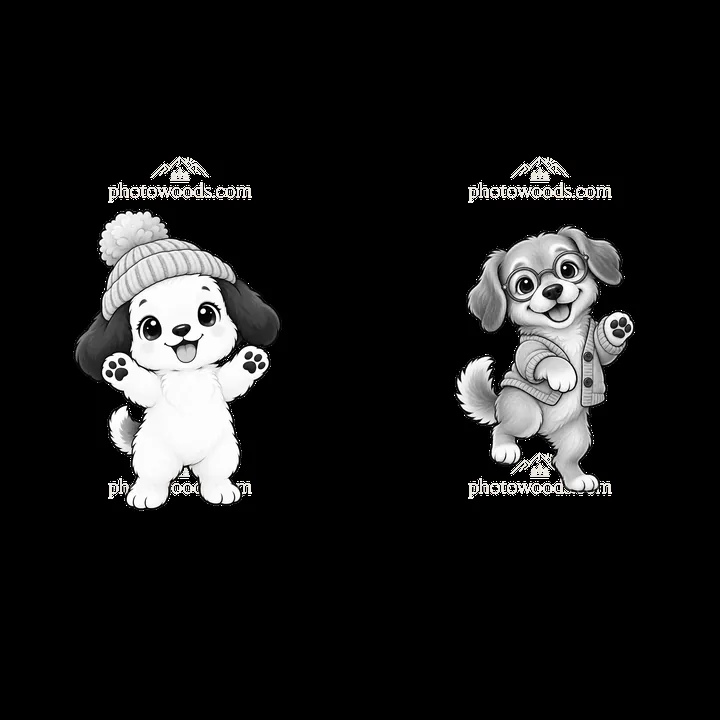 Cute dogs in winter outfits waving their paws - AI-generated stock image