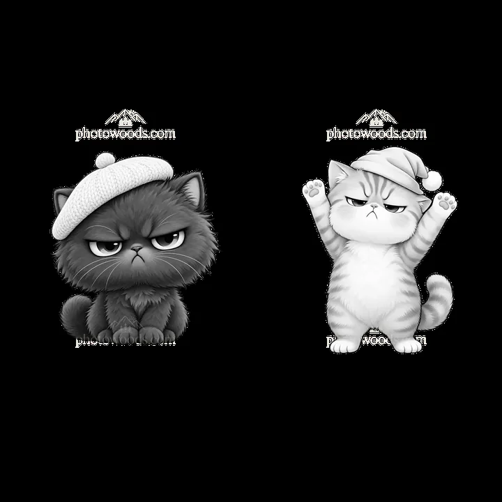 Kawaii grumpy cat pair with hats in black and white - AI-generated stock image