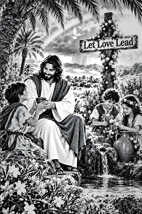 Compassion in the Desert Oasis with children and a figure - AI-generated stock image