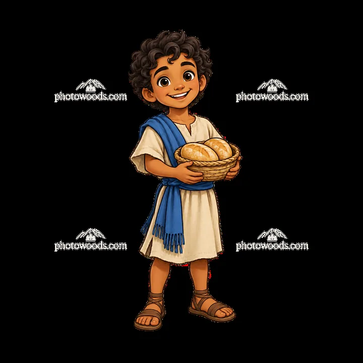 Boy with basket of bread in simple clothing - AI-generated stock image
