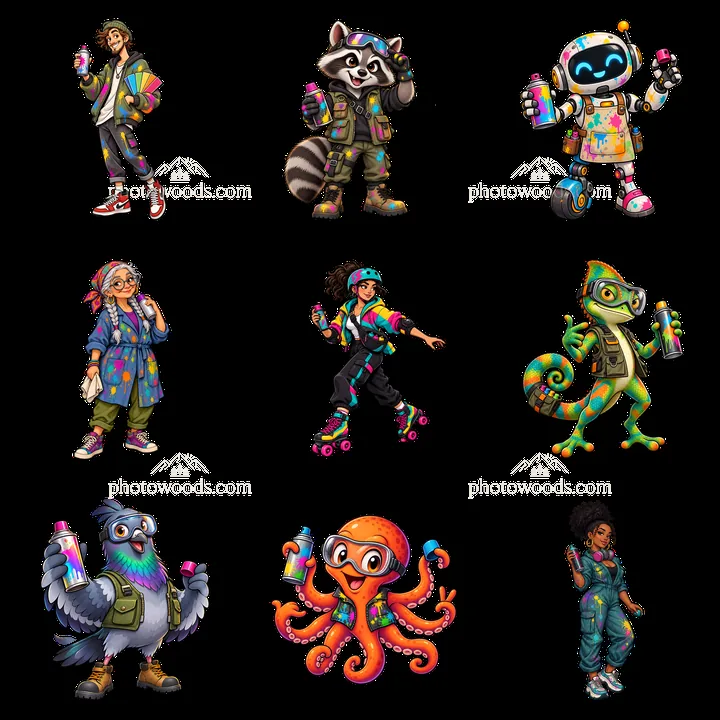 Colorful graffiti sprayers in a 3x3 layout with various characters - AI-generated stock image