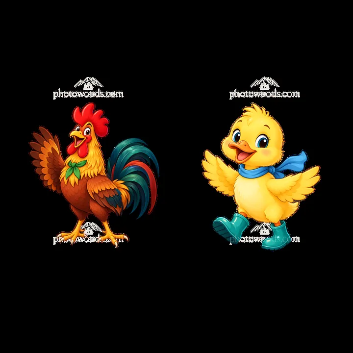 Rooster and chick cartoon characters in playful farm setting - AI-generated stock image