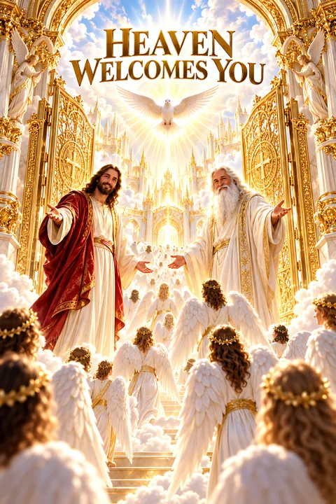Heaven welcomes you with angels and divine presence - AI-generated stock image
