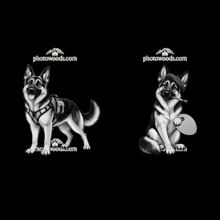 Cartoon German Shepherd dogs with equipment and playful disc - AI-generated stock image