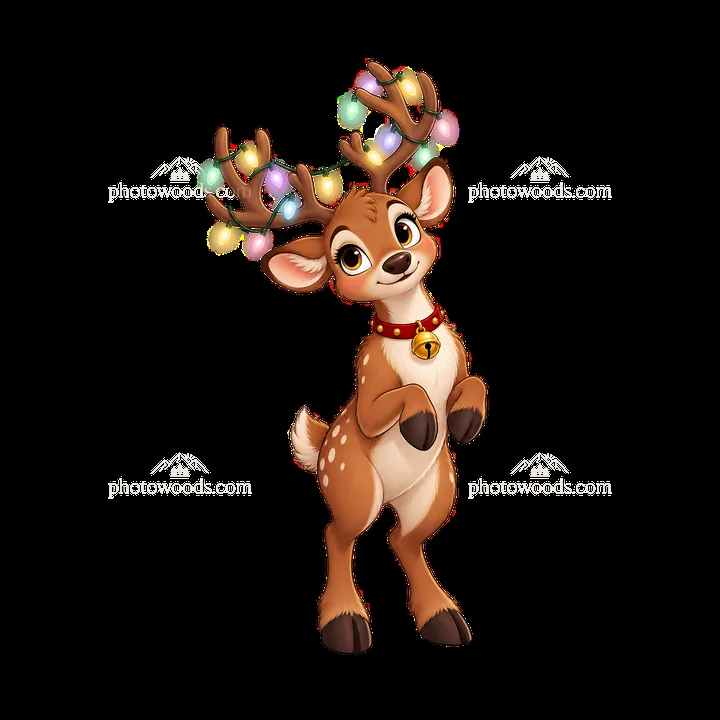 Cute cartoon reindeer with string lights on antlers - AI-generated stock image