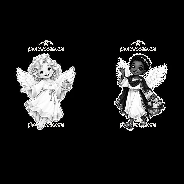 Two cartoon angels carrying gifts for Christmas - AI-generated stock image