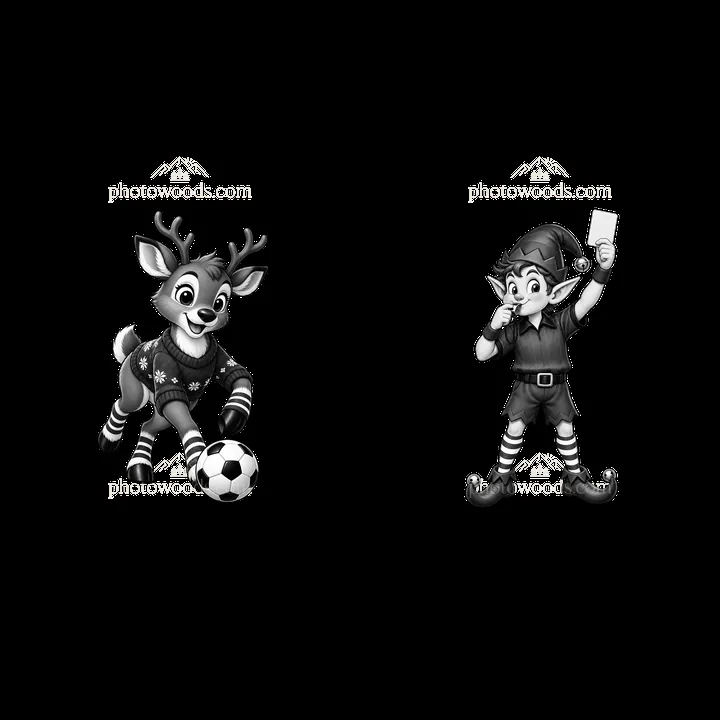 Reindeer plays soccer while elf raises a yellow card for foul - AI-generated stock image