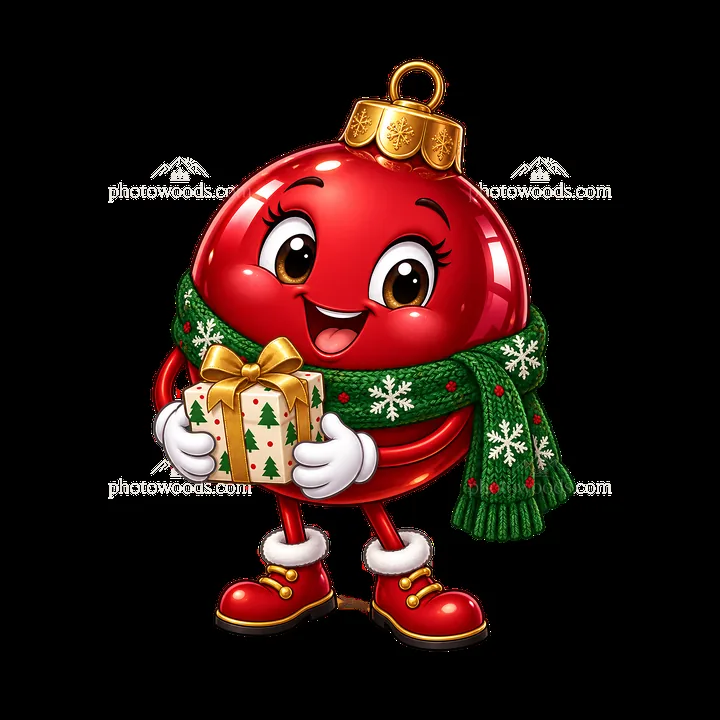 Red Christmas ornament character holding a gift with a scarf - AI-generated stock image