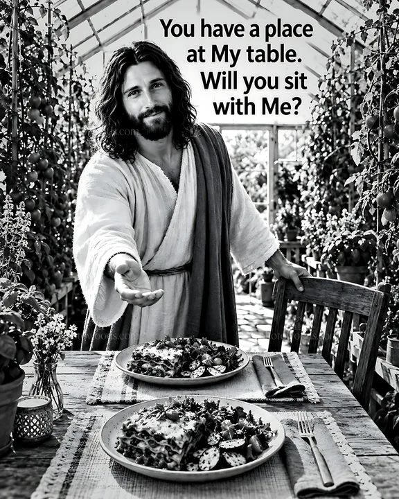 Invitation to join at the table in a greenhouse setting - AI-generated stock image