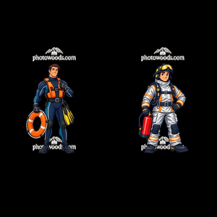Two cartoon rescue workers standing on an aircraft carrier deck - AI-generated stock image