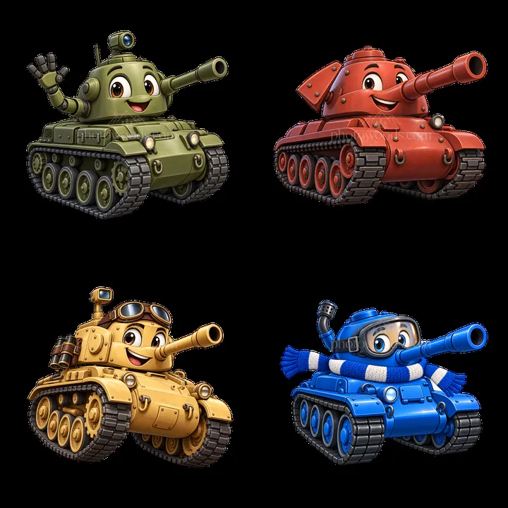Four cheerful cartoon tanks with different colors and expressions - AI-generated stock image