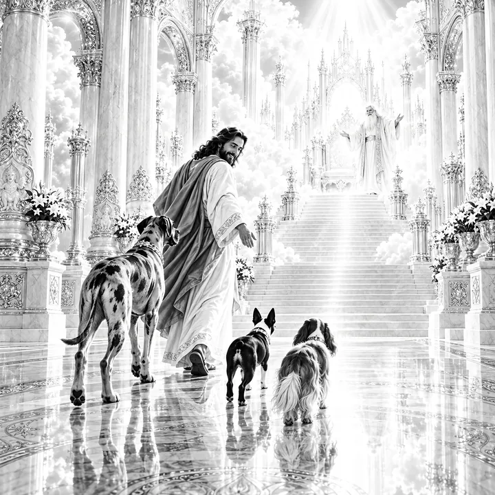 Jesus Christ walking with dogs in a heavenly setting - AI-generated stock image
