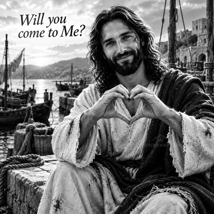 Jesus Christ inviting with a heart gesture by the shore - AI-generated stock image