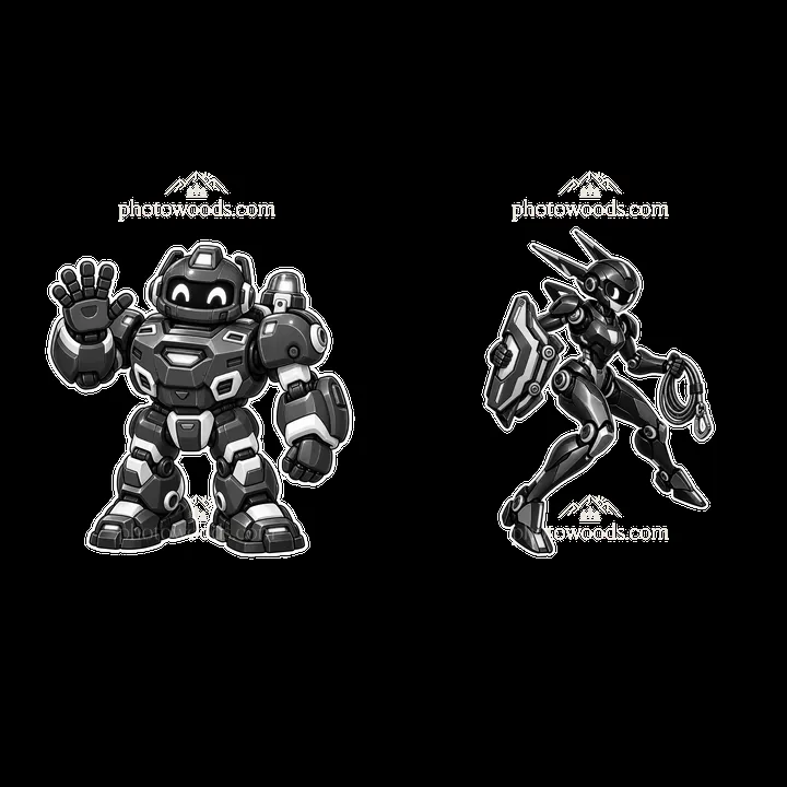 Mech robots waving and holding a shield in a monochrome design - AI-generated stock image