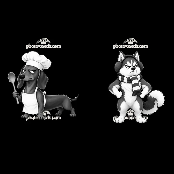 Grumpy dog chef and annoyed husky with winter accessories - AI-generated stock image