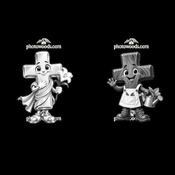 Easter cross characters holding flowers and watering can - AI-generated stock image