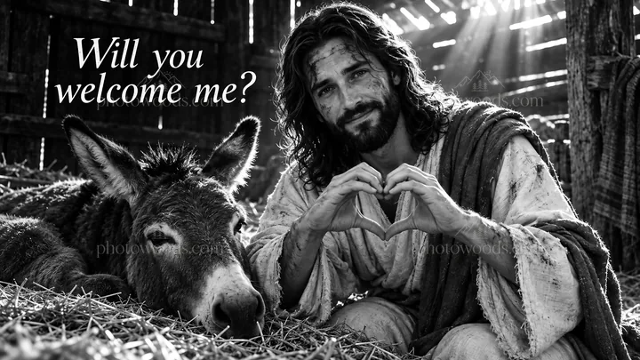 Jesus Christ inviting connection in a barn setting - AI-generated stock image