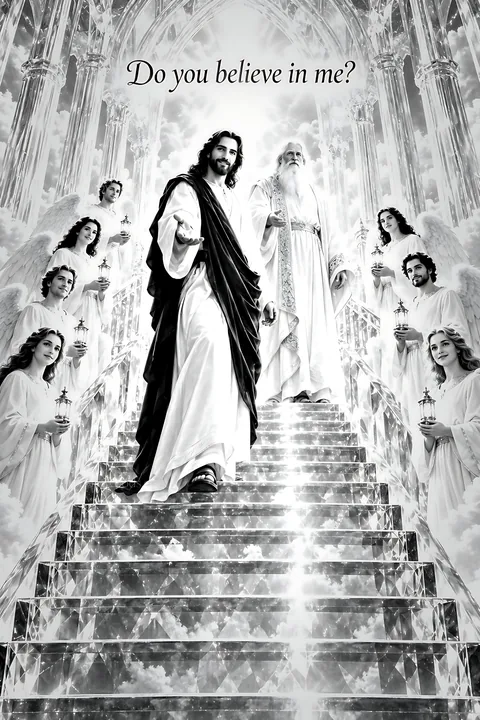 Figures on stairs in a heavenly setting with a text prompt - AI-generated stock image