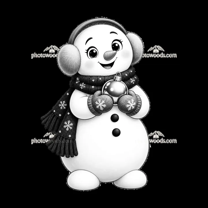 Snowman holding a Christmas ornament with a scarf and earmuffs - AI-generated stock image