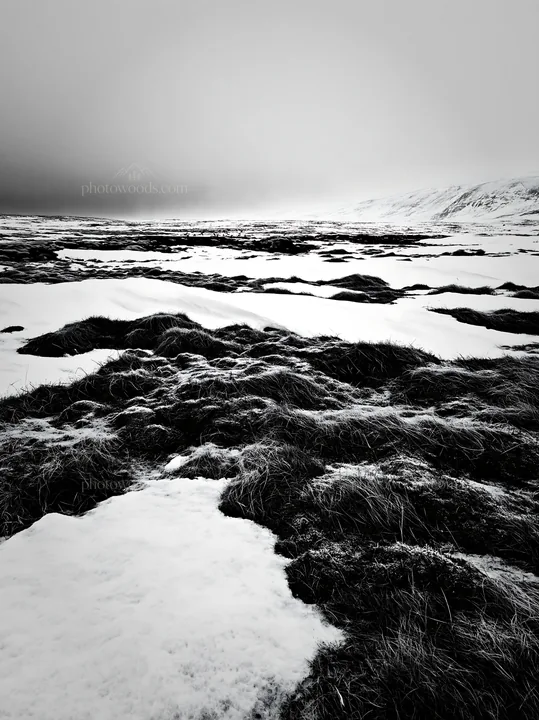 Snowy highland meadow with grass and snow patches - AI-generated stock image