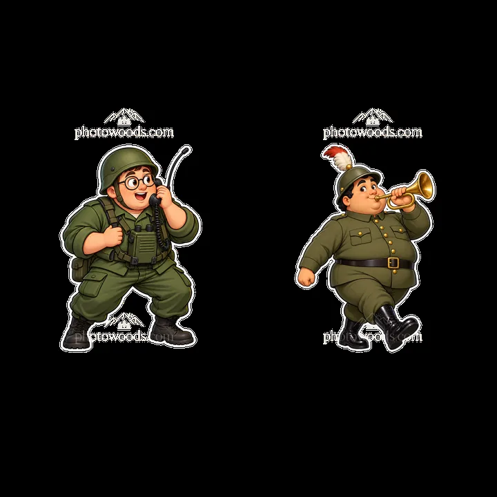 Cute ultra-chubby soldier duo with radio and trumpet - AI-generated stock image