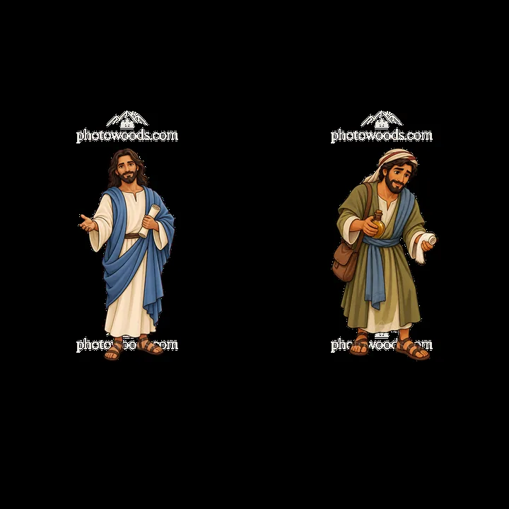 Jesus figures in cartoon style with distinct clothing and gestures - AI-generated stock image